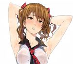  1girl armpits arms_up blush breasts brown_eyes brown_hair hands_behind_head highres ishii_takamori looking_at_viewer medium_breasts necktie original solo wet white_background 