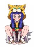  all_fours brown_eyes cape green_eyes gunshou long_hair looking_at_viewer maeda_inuchiyo oda_nobuna_no_yabou open_mouth purple_hair sandals socks solo tiger_hood 