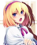  alice_margatroid angry blonde_hair blue_eyes blush bow capelet crossed_arms hairband irohara_mitabi lolita_hairband looking_at_viewer open_mouth short_hair simple_background solo touhou upper_body 