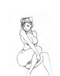 breasts bun_cover chun-li commentary covering covering_crotch double_bun earrings greyscale highres jewelry large_breasts monochrome no_nipples nude sitting sketch solo street_fighter traditional_media willcan 