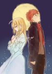  1boy 1girl ahoge alternate_costume alternate_hairstyle blonde_hair dress emiya_shirou eyes_closed fate/stay_night fate/zero fate_(series) greatcoat hair_down hands_clasped moon red_hair saber scarf size_difference star stars 