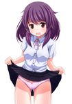  absurdres blush bow bow_panties brown_eyes cowboy_shot fang highres long_hair open_mouth original panties pink_panties purple_hair school_uniform skirt skirt_lift solo sunsuke thighs underwear white_background 