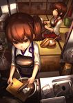  akagi_(kantai_collection) brown_eyes brown_hair bucket chopsticks closed_eyes cooking cutting_board daikon food holding holding_knife indoors kaga_(kantai_collection) kantai_collection knife lif multiple_girls muneate ohitsu open_mouth pot profile rice rice_spoon seiza side_ponytail sink sitting sliding_doors spring_onion standing table tatami tofu wooden_floor 