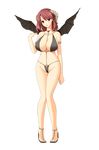  1girl bare_shoulders breasts cleavage collarbone demon feet gakuen_taima game_cg highres horns huge_breasts koizumi_amane legs looking_at_viewer navel pink_eyes red_hair sandals short_hair simple_background solo standing thighs toes wings 