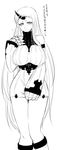  1girl abyssal_ship arm_up bare_shoulders blush breasts claws commentary_request covering_crotch covering_privates detached_sleeves dress flying_sweatdrops greyscale highres horns kanno_takanori kantai_collection large_breasts long_hair looking_at_viewer monochrome reaching reaching_towards_viewer ribbed_dress seaport_princess short_dress single_horn skirt_hold solo standing sweater sweater_dress thighs translation_request very_long_hair 