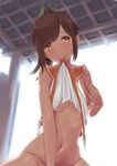  blush bottomless breasts brown_eyes brown_hair highres i-401_(kantai_collection) implied_sex kantai_collection looking_at_viewer mouth_hold navel ponytail sailor_collar small_breasts solo stomach wa_(genryusui) 