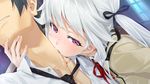  1girl albino bishoujo_mangekyou biting bleeding blood blush fang game_cg hair_ribbon half-closed_eyes happoubi_jin kagarino_kirie long_hair looking_down neck_biting onogami_shigehiko red_eyes ribbon silver_hair solo_focus twintails vampire white_hair 