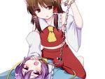  adaajt ascot blush bow brown_eyes brown_hair chain detached_sleeves eyeball hair_bow hair_tubes hakurei_reimu hand_on_another's_chin heart komeiji_satori long_hair midriff multiple_girls open_mouth parted_lips purple_eyes purple_hair short_hair simple_background third_eye touhou white_background 