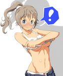  1girl black_eyes blush bow bow_panties breasts commentary_request kawagoe_ibuki light_brown_hair long_hair may_lynne medium_breasts navel no_bra panties pants ponytail shadow solo spoken_exclamation_mark standing stomach tetsudou_musume underboob undershirt underwear undressing white_panties 