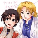  akagi_ritsuko blonde_hair brown_eyes brown_hair earrings ibuki_maya jewelry labcoat long_hair mole mole_under_eye multiple_girls neon_genesis_evangelion open_mouth short_hair smile translation_request unya upper_body 