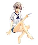  adidas bad_id bad_pixiv_id banned_artist brown_eyes food holding looking_at_viewer original popsicle short_hair shorts silver_hair simple_background sitting solo suisen white_background 