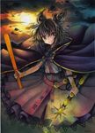  brown_eyes brown_hair cape dress earmuffs jewelry looking_at_viewer mosho pointy_hair ritual_baton short_hair skirt sleeveless smile solo sunset sword touhou toyosatomimi_no_miko traditional_media watercolor_(medium) weapon 