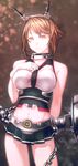  arm_behind_back breasts brown_eyes brown_hair chain cowboy_shot gloves hand_on_own_chest headgear highres kantai_collection large_breasts looking_at_viewer machinery mstm mutsu_(kantai_collection) navel short_hair skirt solo white_gloves 
