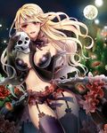  bad_id bad_pixiv_id bare_shoulders between_breasts black_gloves black_legwear blonde_hair blush breasts dress earrings elbow_gloves flower frills full_moon garter_belt gloves hand_between_breasts impossible_clothes jewelry kurosawa_itsuki large_breasts long_hair looking_at_viewer moon navel night original petals pointy_ears red_eyes rose skull smile solo thigh_gap thighhighs vampire 