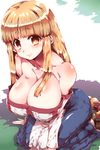  arc_the_lad bare_shoulders blonde_hair breasts brown_eyes cleavage huge_breasts lieza long_hair looking_at_viewer seiza sitting smile solo tokyo_(great_akuta) 