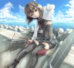  arm_up black_legwear boots brown_eyes brown_hair cloud day highres kamomen kantai_collection looking_at_viewer short_hair shorts sitting sky solo taihou_(kantai_collection) thighhighs water 