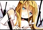  blonde_hair blue_eyes close-up knife long_hair looking_at_viewer lying on_stomach original smile solo sword tan_(tangent) weapon 