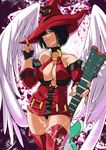  bare_shoulders black_hair boots breasts choker cleavage fingerless_gloves gloves green_eyes guilty_gear guitar hair_over_one_eye hat highres i-no instrument large_breasts looking_at_viewer middle_finger o-ring o-ring_top panimiiru red_hat red_legwear short_hair slit_pupils solo thigh_boots thighhighs thighs wings witch_hat 