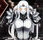  1girl abyssal_ship bad_id bad_pixiv_id bare_shoulders breasts claws covered_nipples detached_sleeves dress glowing hanging_breasts highres horns kantai_collection kneeling large_breasts leaning_forward long_hair looking_at_viewer open_mouth orange_eyes pale_skin purupuru reaching reaching_towards_viewer ribbed_dress seaport_princess short_dress sideboob single_horn solo sweater sweater_dress thighs very_long_hair white_hair 