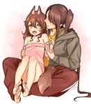  animal_ears ashigara_(kantai_collection) bad_id bad_pixiv_id barefoot brown_eyes brown_hair closed_eyes fangs ikarin kantai_collection kemonomimi_mode long_hair multiple_girls nachi_(kantai_collection) off_shoulder open_mouth side_ponytail sitting sitting_on_lap sitting_on_person smile tail wolf_ears wolf_girl wolf_tail younger 