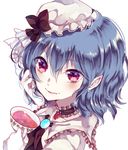  alcohol ascot blue_hair choker cup earrings fang ginzuki_ringo hat hat_ribbon jewelry mob_cap open_mouth pointy_ears portrait red_eyes remilia_scarlet ribbon simple_background smile solo touhou white_background wine 