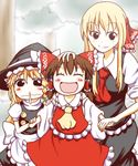  ascot blonde_hair blush_stickers bow braid brown_hair detached_sleeves hair_bow hair_ribbon hair_tubes hakurei_reimu hand_on_another's_head hat holding_hands kirisame_marisa long_hair lowres majrise multiple_girls older open_mouth parody ribbon rumia smile snot style_parody touhou witch_hat younger 