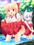  :&lt; :d animal_ear_fluff animal_ears blonde_hair bow day fang forest fox_ears fox_tail hair_bow hakama_skirt haori japanese_clothes looking_at_viewer multiple_girls nature nontraditional_miko open_mouth original outdoors partially_submerged roshin short_hair short_sleeves silver_hair skirt_hold sky smile tail tree wading water water_drop 