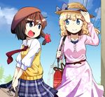  akeno_(akenosora) alternate_costume bag blonde_hair blue_eyes bow brown_hair checkered checkered_skirt cloud day dress hair_bow handbag hat long_hair maribel_hearn multiple_girls necktie open_mouth ribbon short_hair skirt sky smile suitcase touhou usami_renko 