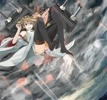  black_legwear blue_eyes brown_hair cloud detached_sleeves doraragi floating headgear hiei_(kantai_collection) highres kantai_collection light_rays looking_at_viewer machinery no_shoes nontraditional_miko panties pantyshot short_hair sky smile solo sunbeam sunlight thighhighs underwear 
