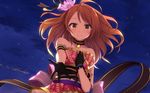  bare_shoulders blush brown_eyes brown_hair dress hand_on_own_chest highres houjou_karen idolmaster idolmaster_cinderella_girls long_hair neck_garter outstretched_arm outstretched_hand smile solo yuki_usagi_(mofurafu) 