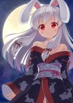  animal_ears animal_print bare_shoulders blush bunny_ears bunny_print full_moon hair_ribbon hyuuga_azuri japanese_clothes kimono long_sleeves looking_at_viewer moon obi original print_kimono red_eyes ribbon sash silver_hair smile solo wide_sleeves 