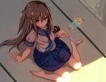  bad_id bad_pixiv_id banned_artist bare_legs barefoot brown_hair character_doll feet food holding indoors long_hair looking_at_viewer looking_up original photobomb popsicle purple_eyes school_uniform serafuku sitting solo suisen two_side_up 