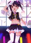  :d arm_up black_hair blush bow copyright_name crop_top earrings eyebrows_visible_through_hair gloves glowstick hair_bow jewelry looking_at_viewer love_live! love_live!_school_idol_project midriff mmrailgun navel no_brand_girls open_mouth shiny shiny_skin short_hair skirt smile solo standing thighhighs twintails white_gloves white_legwear yazawa_nico zoom_layer 