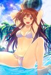  ;d bad_id bad_pixiv_id ball banned_artist beachball bikini brown_eyes brown_hair lifting long_hair looking_at_viewer navel one_eye_closed one_side_up open_mouth original smile solo suisen swimsuit 