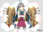  ahoge alternate_weapon black_eyes character_name cowboy_shot crossed_arms grey_hair hair_between_eyes infinote kantai_collection kiyoshimo_(kantai_collection) long_hair long_sleeves looking_at_viewer machinery pantyhose school_uniform smile solo strap twintails twitter_username very_long_hair weapon 