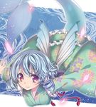  asa_(coco) bad_id bad_pixiv_id blue_hair breasts curly_hair floral_print head_fins japanese_clothes kimono looking_at_viewer medium_breasts mermaid monster_girl obi outstretched_arms petals red_eyes sash short_hair solo swimming tassel touhou underwater wakasagihime 