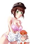  blush bra breasts brown_hair cleavage collarbone green_eyes hat kawagoe_asaka kazusa_fujinomiya kurihashi_minami large_breasts lingerie multiple_girls open_mouth panties pink_bra pink_panties short_hair simple_background standing tetsudou_musume tied_hair tobu_railway underwear undressing uniform 