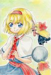  alice_margatroid blonde_hair blue_eyes capelet doll dress hair_brush hair_brushing highres shanghai_doll short_hair smile solo touhou traditional_media yuuki_chima 