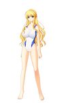  1girl areolae barefoot blonde_hair blue_eyes blush breasts cameltoe feet female full_body gakuen_taima game_cg highres huge_breasts koizumi_amane legs long_hair looking_at_viewer navel nipples see-through simple_background smile solo standing swimsuit thighs toes 