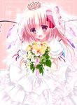  :d alternate_costume blonde_hair bouquet bridal_veil crown dress flandre_scarlet flower holding looking_at_viewer open_mouth red_eyes rikatan side_ponytail smile solo touhou veil wedding_dress white_dress wings 