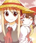  ascot blonde_hair blush_stickers bow brown_hair carrying detached_sleeves hair_bow hair_ribbon hair_tubes hakurei_reimu hat long_hair lowres majrise multiple_girls older open_mouth parody red_eyes ribbon rumia smile straw_hat style_parody touhou younger 