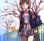  bag bare_tree bow bowtie brown_eyes brown_hair cat expressionless looking_at_viewer nose_shade original pleated_skirt railing school_bag school_uniform short_hair skirt solo tan_(tangent) tree 