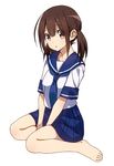  bad_id bad_pixiv_id banned_artist bare_legs barefoot brown_eyes brown_hair full_body looking_at_viewer original pleated_skirt school_uniform serafuku simple_background sitting skirt solo suisen twintails v_arms wariza white_background 