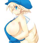  bare_shoulders blonde_hair blue_eyes blush breasts fox_tail hat huge_breasts naked_overalls original overalls pointy_ears profile sakaki_(noi-gren) short_hair sideboob simple_background smile solo tail white_background 