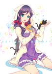  animal_hood aqua_eyes between_breasts bittersweet_(dalcoms) blush breasts cat highres hood long_hair looking_at_viewer love_live! love_live!_school_idol_project medium_breasts nightgown open_mouth pajamas purple_hair sitting solo toujou_nozomi twintails wariza 