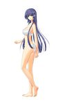  1girl barefoot blue_eyes blush bra breasts collarbone feet female full_body gakuen_taima game_cg highres koizumi_amane large_breasts legs long_hair looking_at_viewer panties purple_hair sideboob simple_background solo standing thighs underwear 