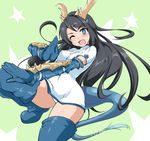 1girl ;d black_hair blue_eyes blue_footwear blue_gloves blue_legwear blush boots breasts chinese_clothes dragon_girl dragon_tail elbow_gloves fang fighting_stance gloves green_background head_fins horns karin_(p&amp;d) leg_up long_hair looking_at_viewer medium_breasts momio one_eye_closed open_mouth panties pantyshot pantyshot_(standing) puzzle_&amp;_dragons smile solo standing star tail thigh_boots thighhighs underwear very_long_hair white_panties 