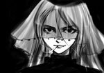  black_background black_eyes cigarette colombus_(eiyuu_senki) eiyuu_senki genderswap genderswap_(mtf) greyscale hair_strand hat lips long_hair monochrome parted_lips shieo smile smoke smoking solo upper_body veil 