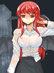  bat_wings blush bra breasts dress_shirt head_wings highres koakuma large_breasts long_hair mono_(moiky) multiple_wings pencil_skirt pink_bra red_eyes red_hair see-through shirt sketch skirt touhou underwear wavy_mouth wet wet_clothes wet_shirt wings 
