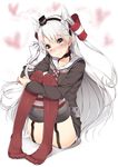  3: amatsukaze_(kantai_collection) blush brown_eyes convenient_leg dress garter_straps kantai_collection long_hair md5_mismatch nose_blush sailor_dress short_dress silver_hair sitting solo thighhighs two_side_up v-shaped_eyebrows very_long_hair yappen 